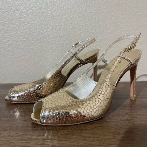Stuart Weitzman Gold Textured Slingback Heels - Picture 1 of 8